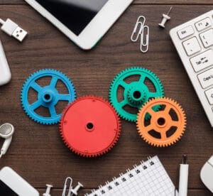workflow and teamwork concepts with colorful gears and different gadgets assistenza sito web ristorante