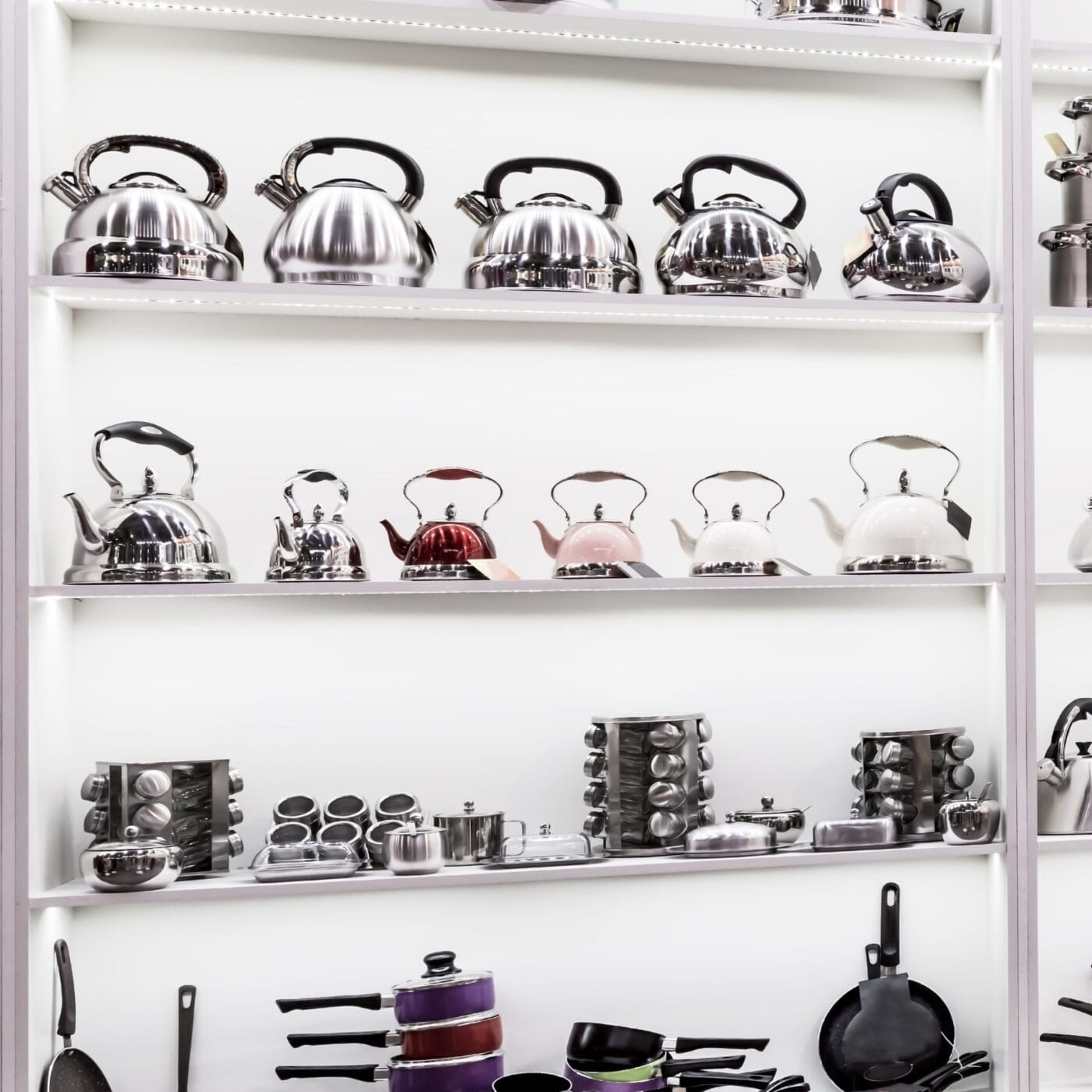 New cooking utensils, assortment of stainless steel pots metal t
