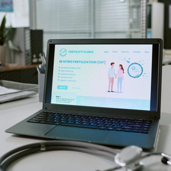 Laptop Displaying IVF Clinic Website in Modern Fertility Office sito professionale