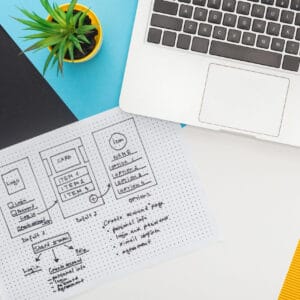 top view of website design template near laptop, computer mouse, smartphone, plant on abstract Web Agency Siti web ragusa chi siamo