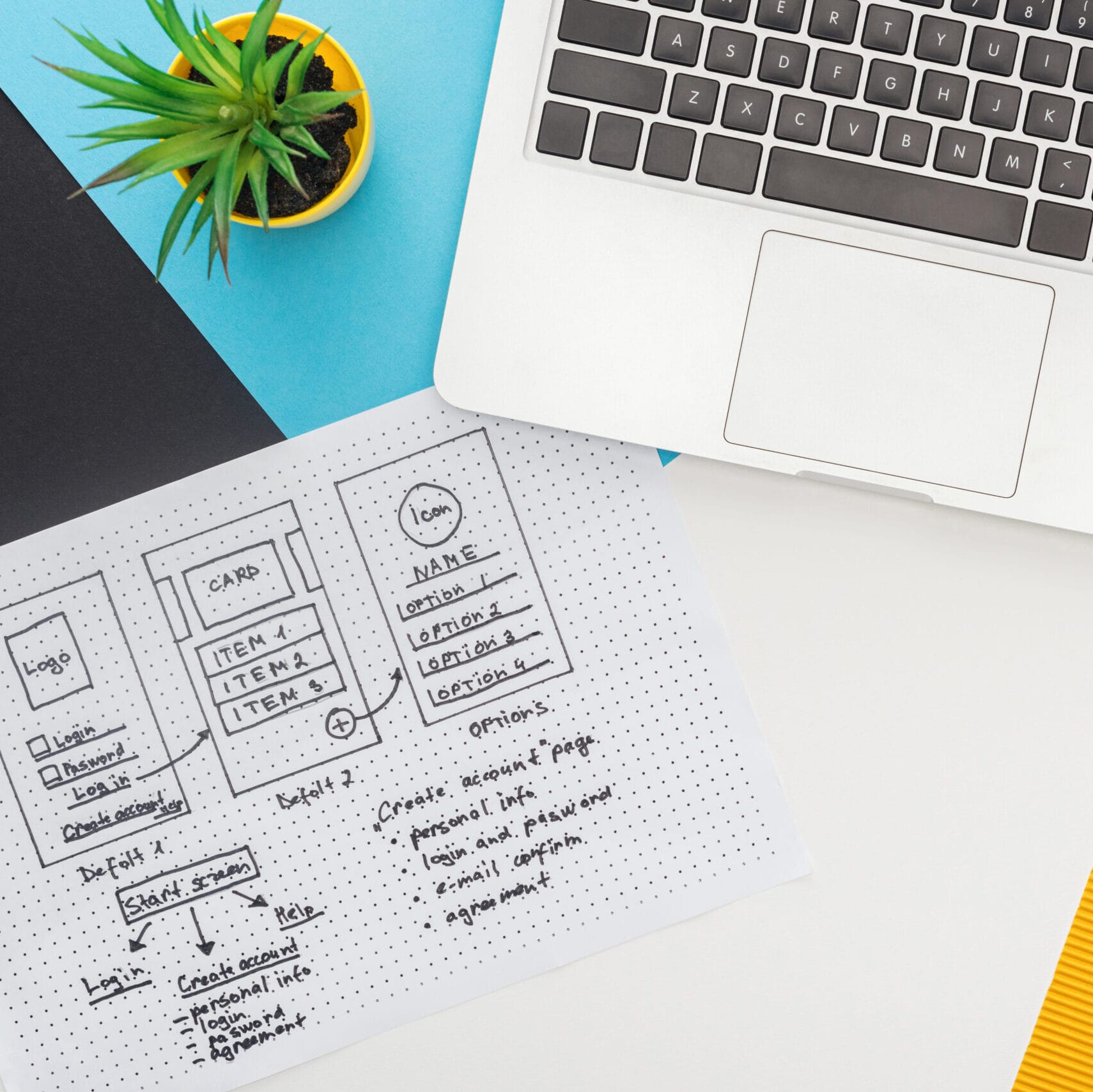 top view of website design template near laptop, computer mouse, smartphone, plant on abstract preventivo sito web online